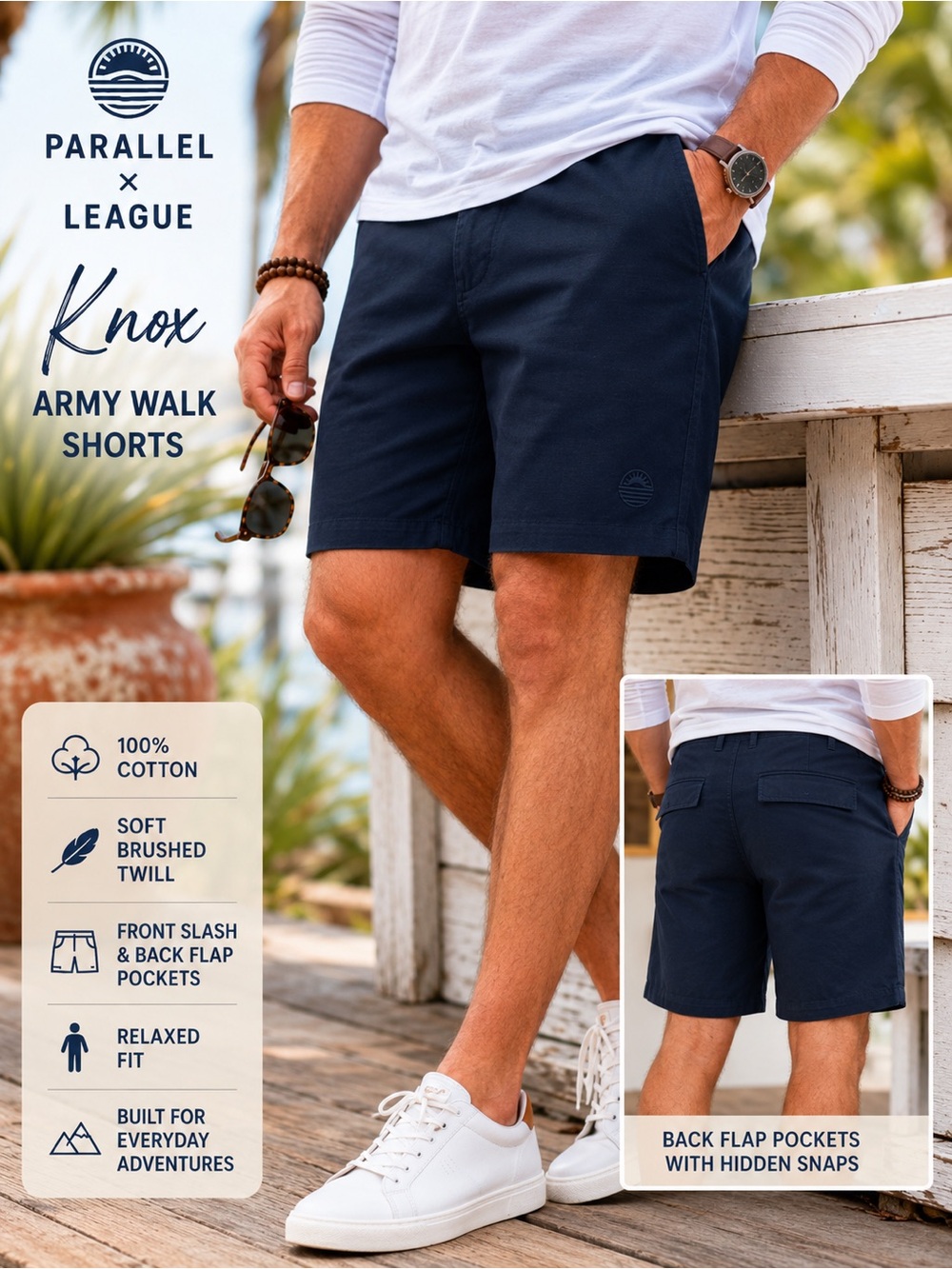 PARALLEL x LEAGUE Navy Blue Knox Army Walk Shorts Brushed Cotton Relaxed Casual